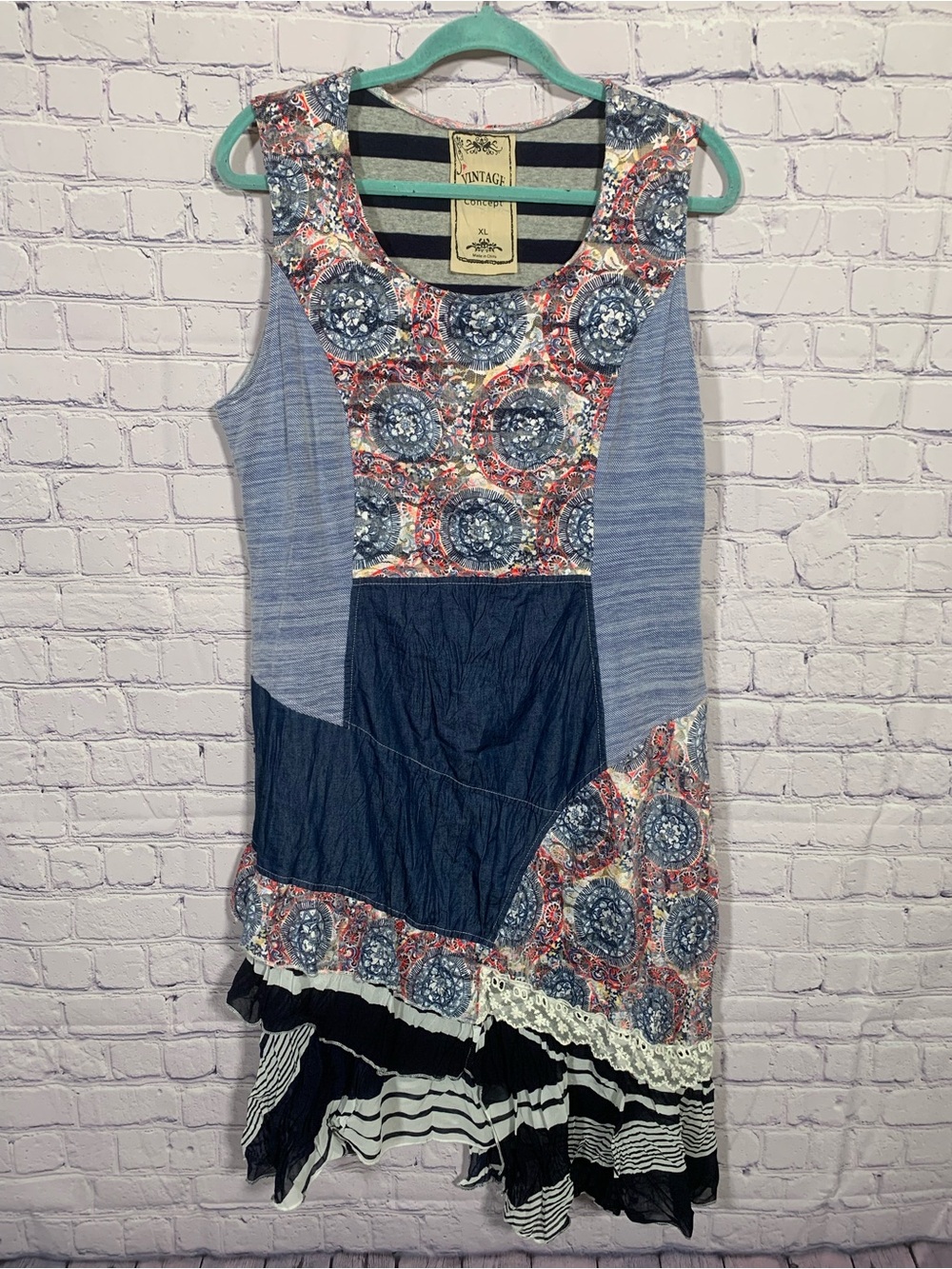 Vintage Concept Womens Sleeveless Patchwork Dress Size XL Festival Boho Hippie